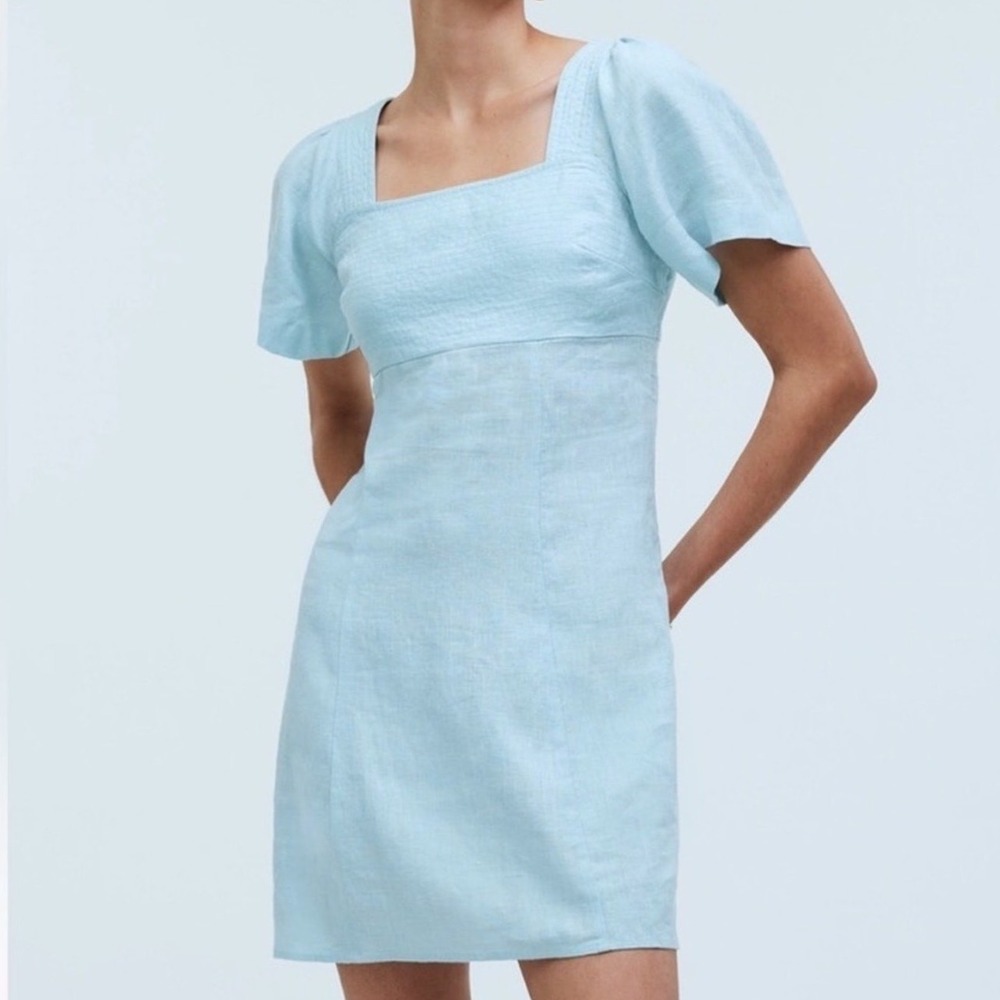 Madewell Square-Neck Mini‎ Dress in 100% Linen NWT blue